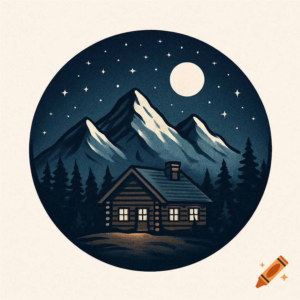 Circular illustration of a rustic cabin with mountains and stars under a full moon at night.