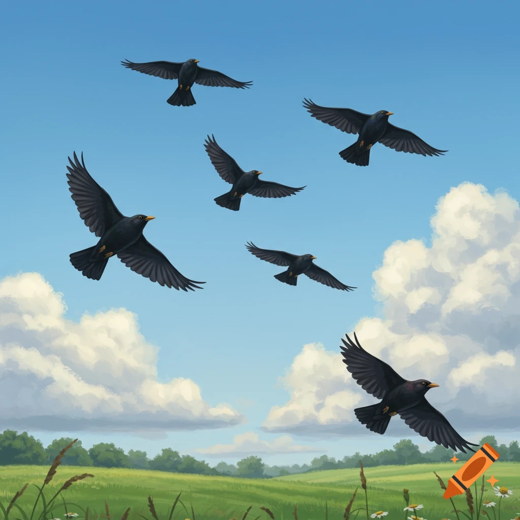 Six blackbirds fly across a blue sky with white clouds over a green field with trees and wildflowers.