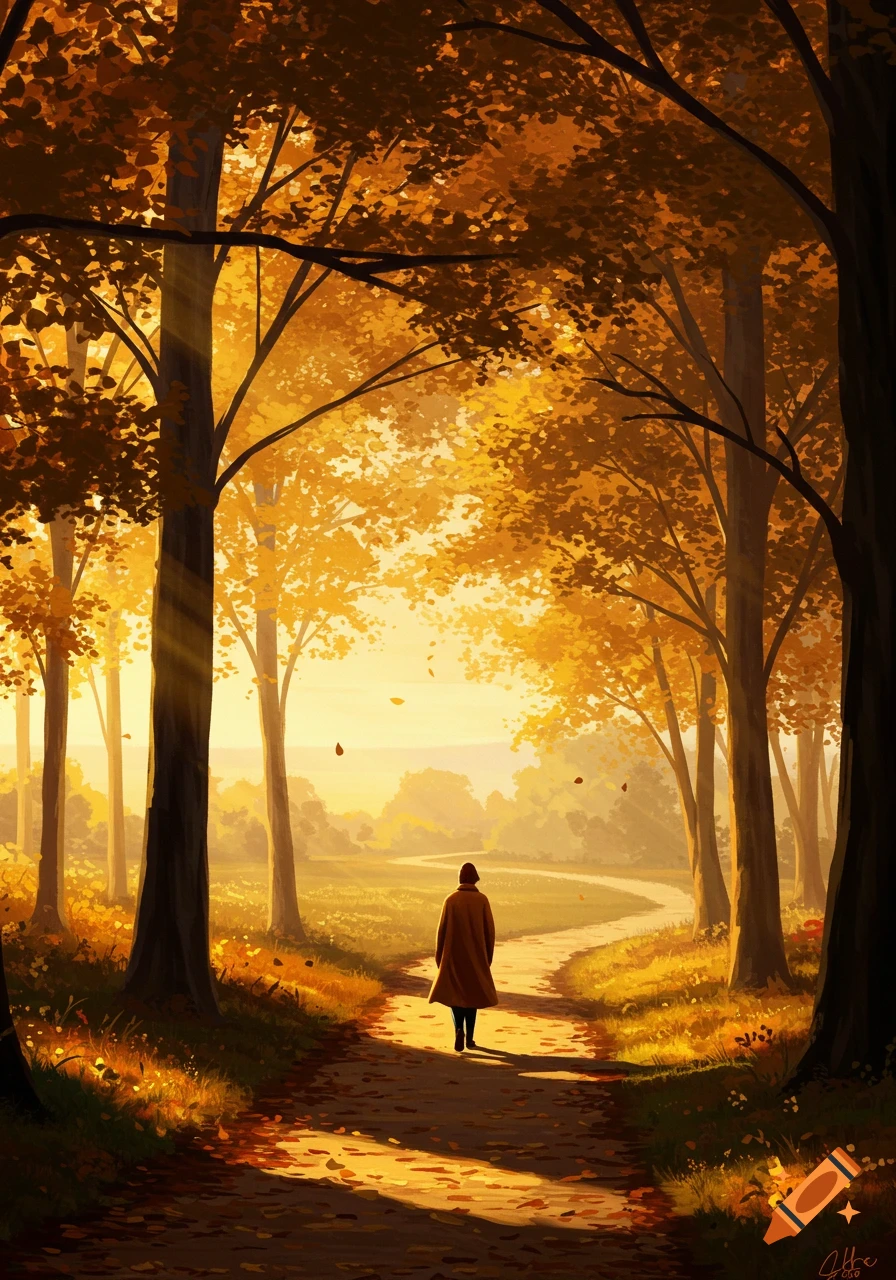 A lone figure walks down a sun-dappled path through a vibrant autumn forest, rendered in a painterly style.