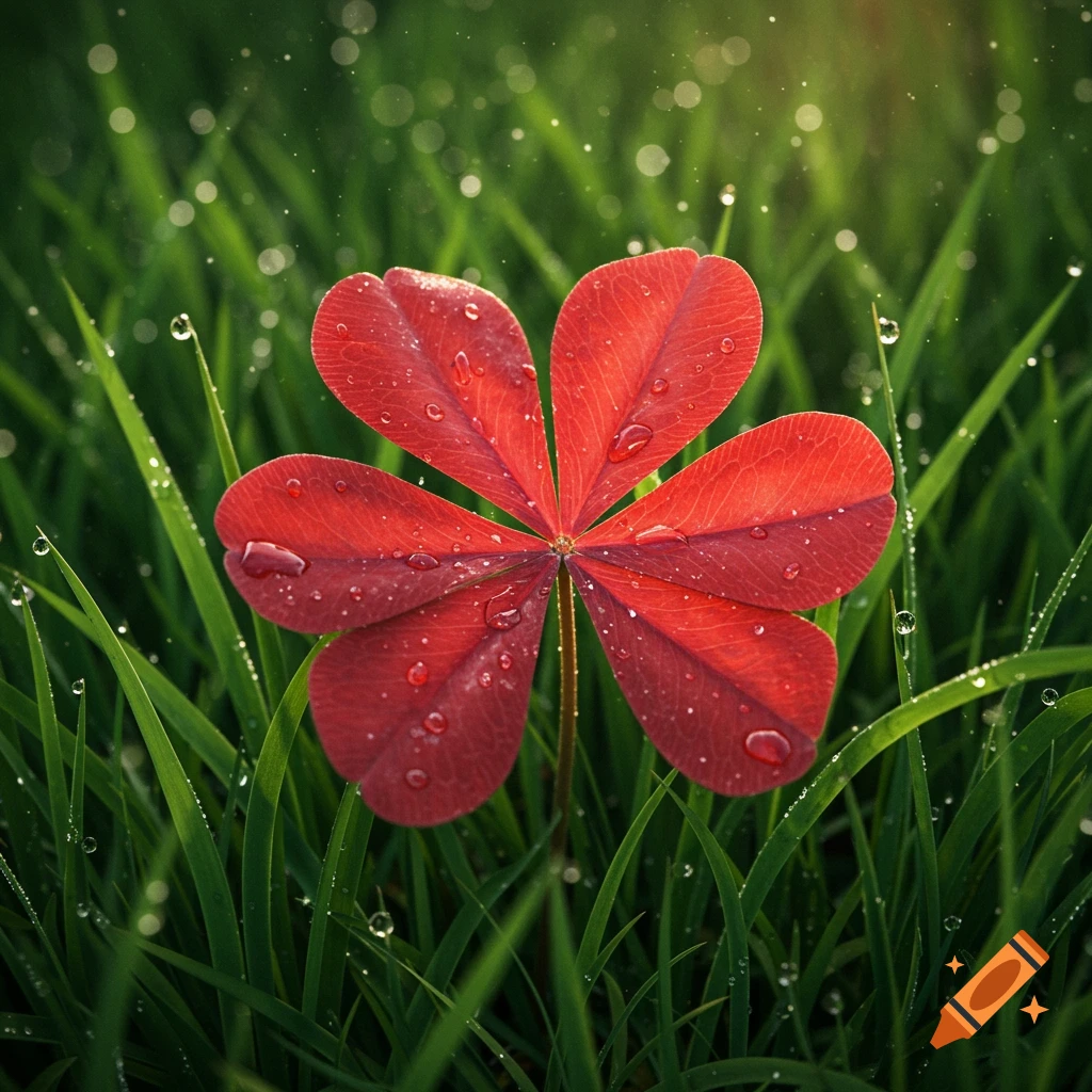 A vibrant red five-leaf clover covered in water droplets stands in green grass with bokeh lighting.