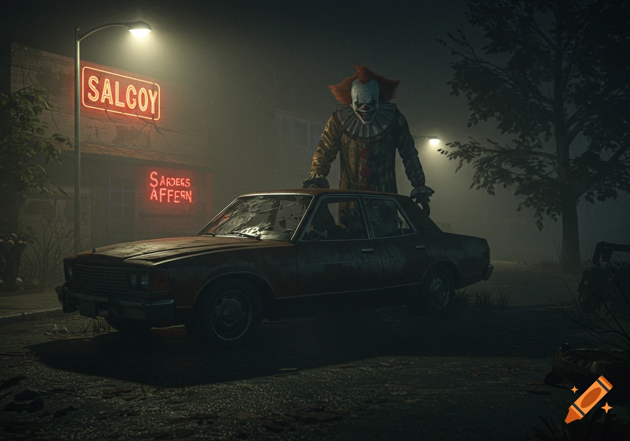 A scary clown stands behind a rusty, broken-down car on a dark, foggy night with glowing neon signs in the background, photorealistic.