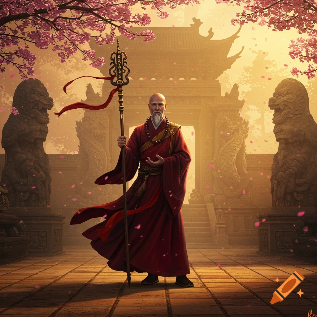 A warrior monk in red robes holds a decorative staff under blooming cherry trees, in front of an ornate temple gate at sunset.