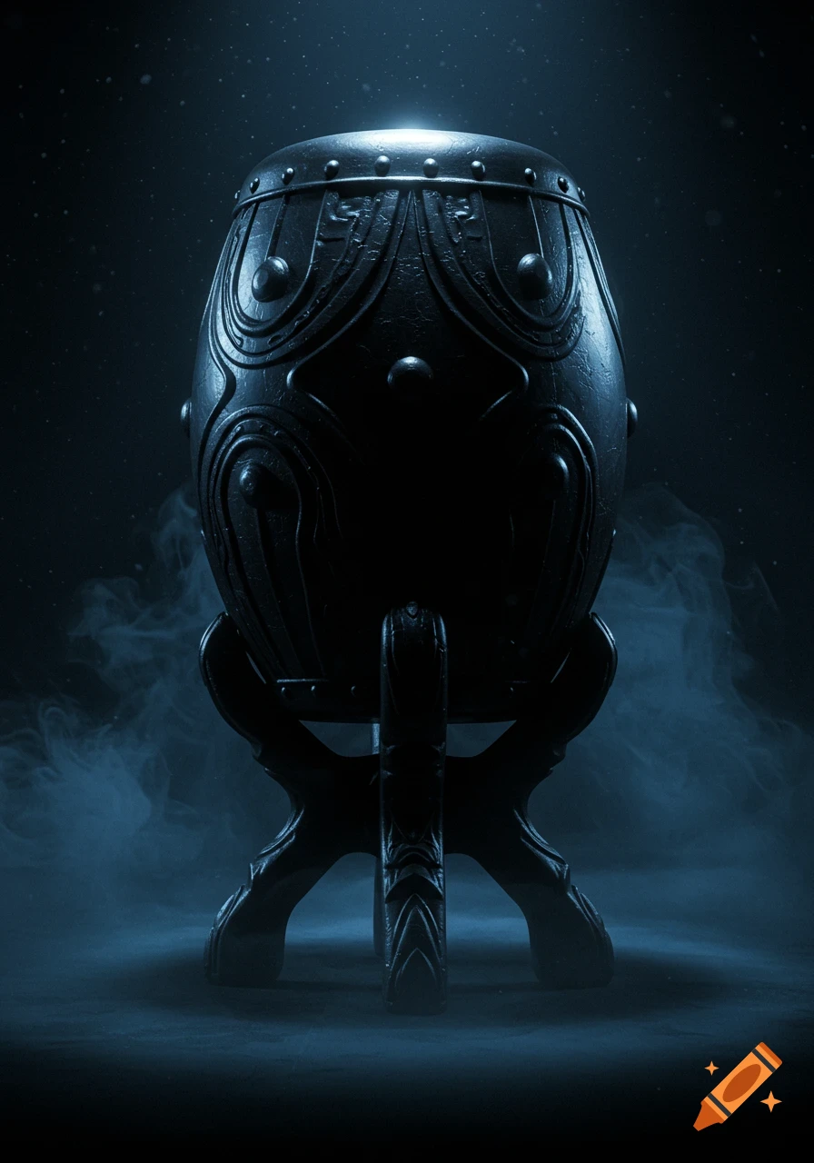 Ornate black drum-like object on a stand, illuminated from above, surrounded by mist in a dark, atmospheric setting.