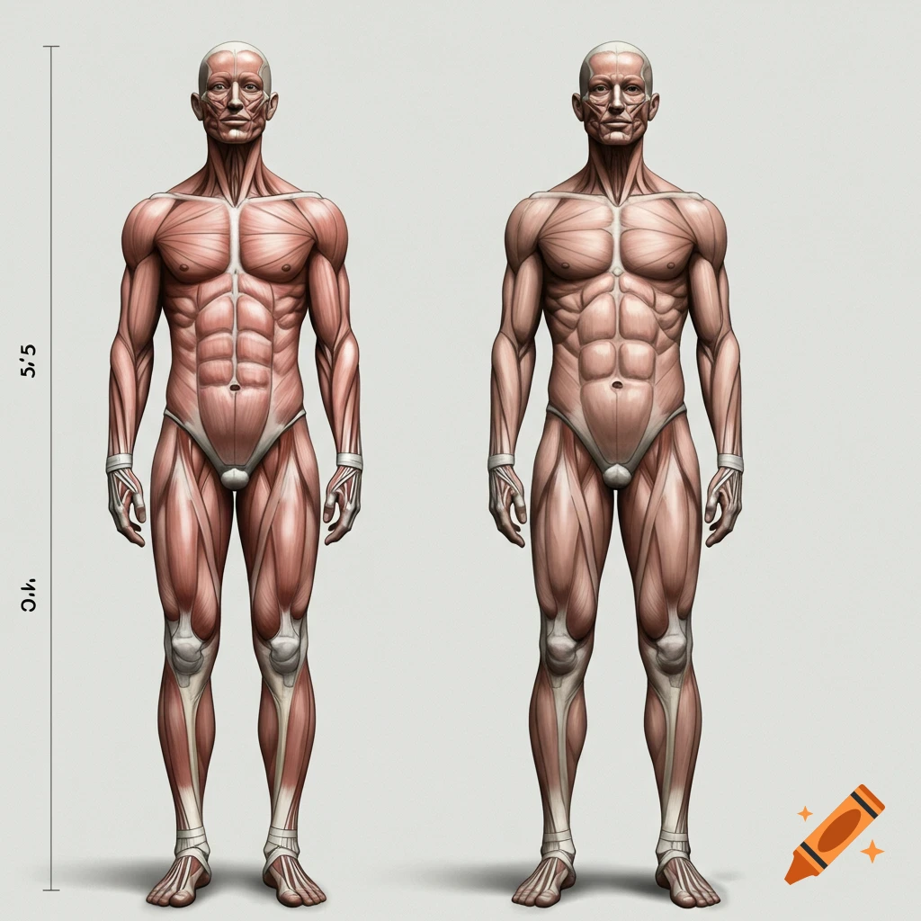 Detailed anatomical illustrations of two human male figures standing side by side, showcasing muscle structure. One figure is shorter than the other, with a height measurement of 5'5" indicated.