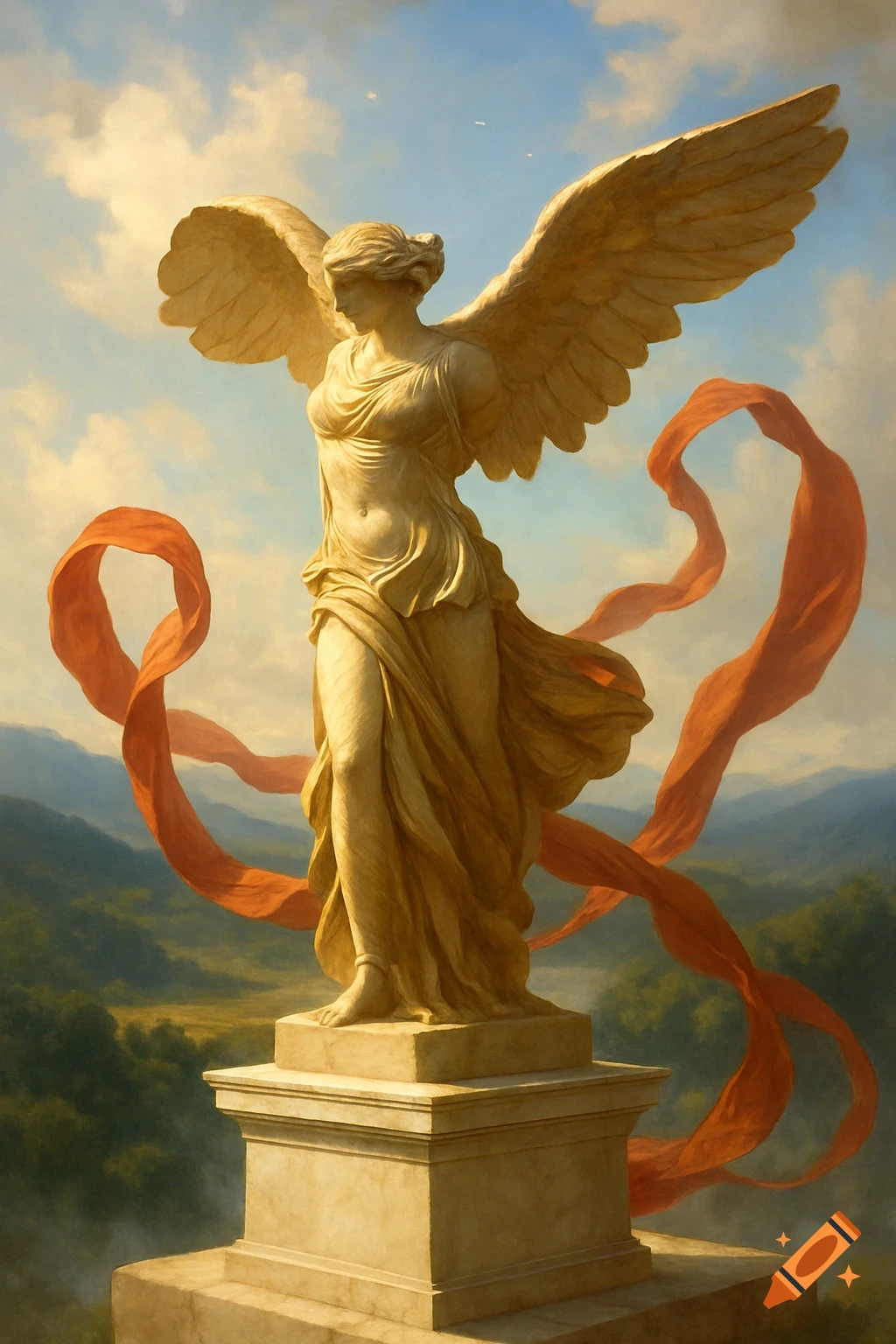 A majestic classical winged goddess statue on a pedestal, with red ribbons, against a cloudy sky and green mountains.