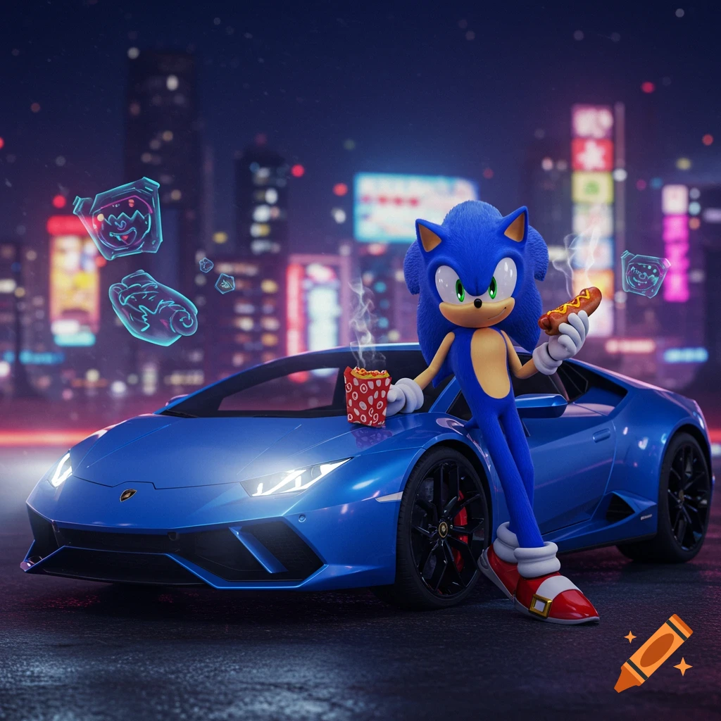 Sonic the Hedgehog leans on a blue Lamborghini in a neon city at night, holding a hotdog and popcorn.