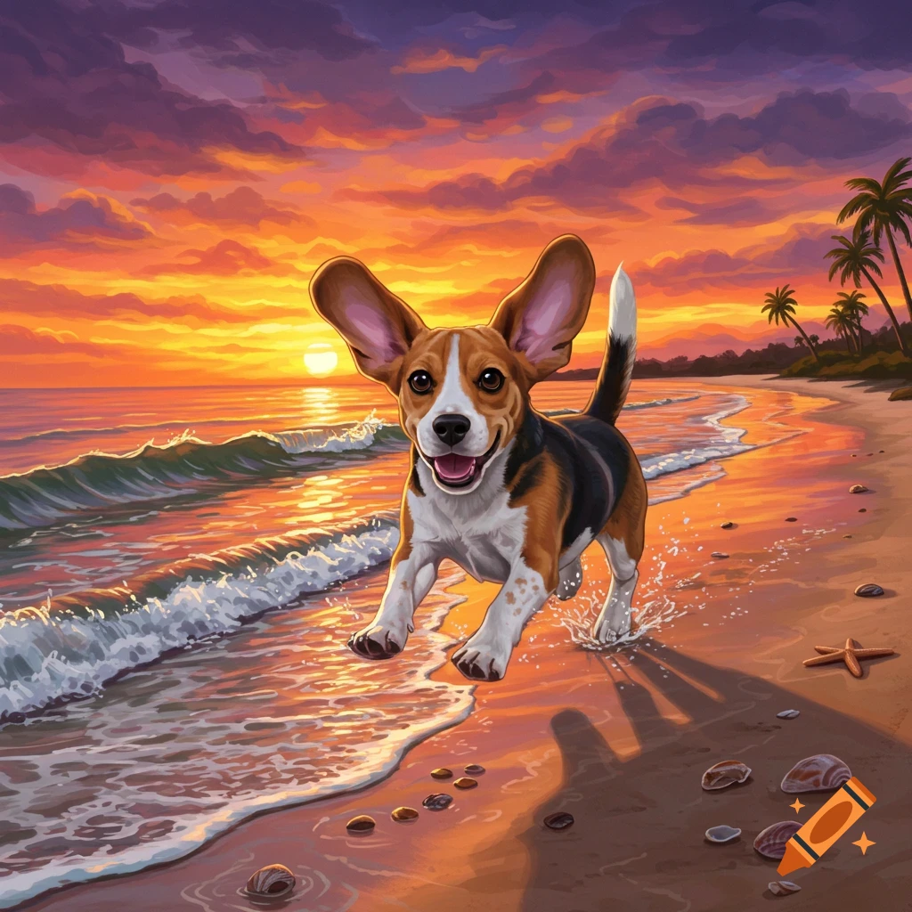 A happy beagle with large ears runs on a sandy beach at sunset, with waves crashing and palm trees in the distance.