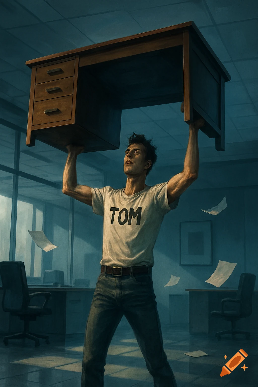 A man wearing a t-shirt with "TOM" on it lifts an office desk over his head in a dimly lit office, in an illustrated style.