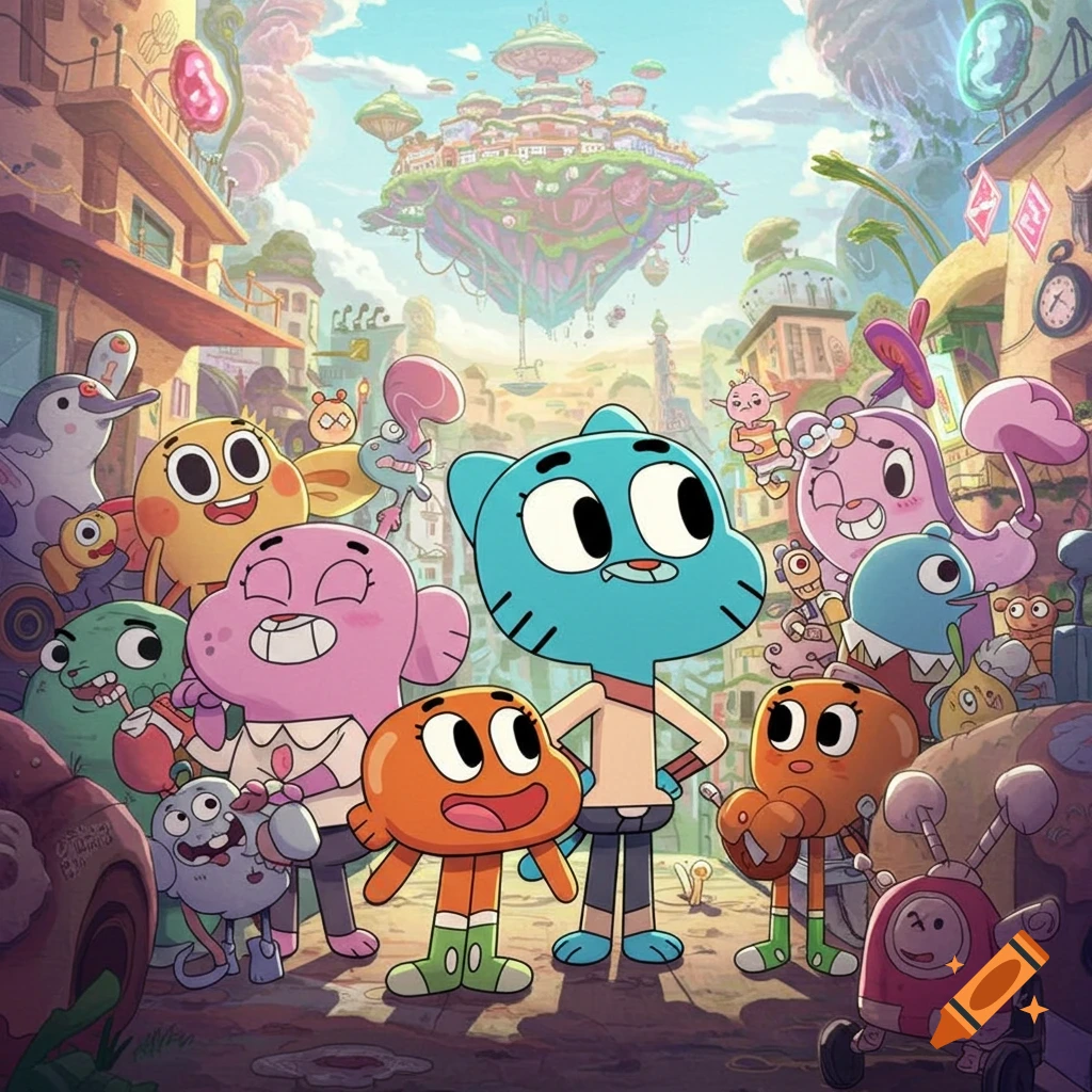 A colorful cartoon image featuring characters from 'The Amazing World of Gumball' standing in a vibrant, fantastical town with a floating island in the sky.