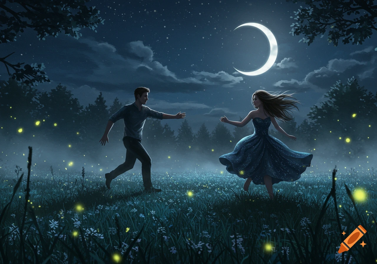A man and woman reach out in a field under a crescent moon at night, surrounded by glowing fireflies.