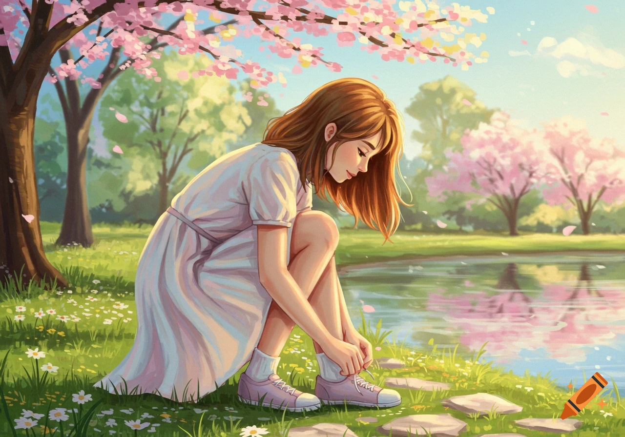 A girl in a white dress ties her shoelaces by a pond under cherry blossoms in a spring park, anime style.