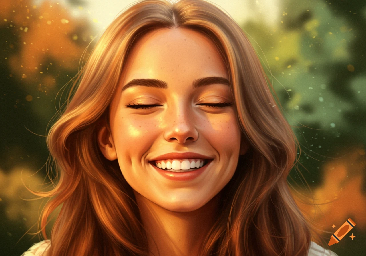 A close-up digital painting of a smiling woman with closed eyes, bathed in warm golden light, with a blurred natural background.