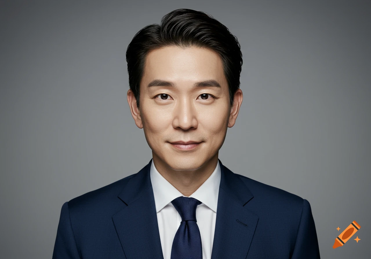 A professional studio portrait of a man in a dark suit and white shirt with a tie, looking directly at the camera against a grey background.