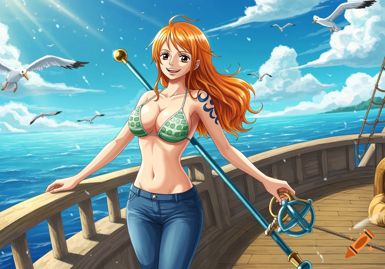 Anime character Nami from One Piece stands on a ship deck under a sunny sky with seagulls, holding her staff.