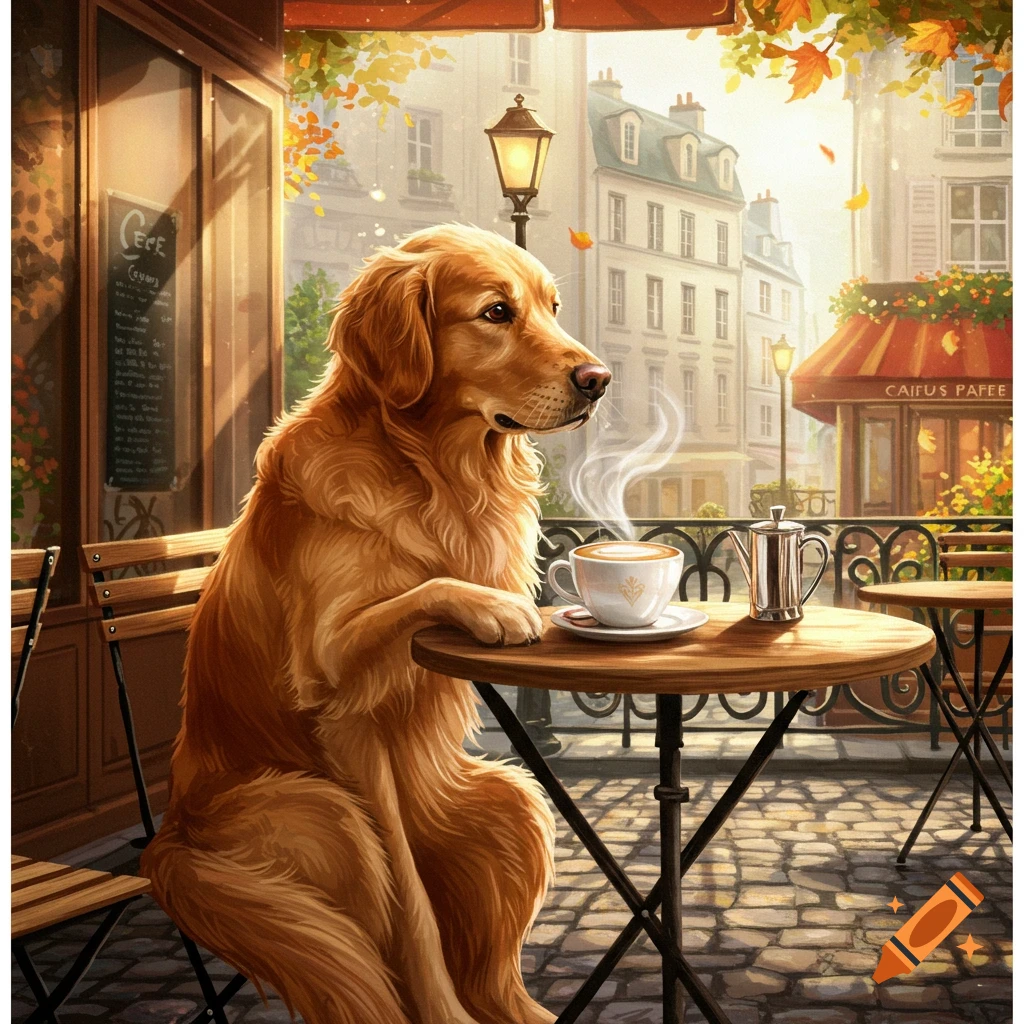 A golden retriever sits at a small round table on a Parisian cafe patio, sipping from a steaming cup of coffee on a sunny autumn day.