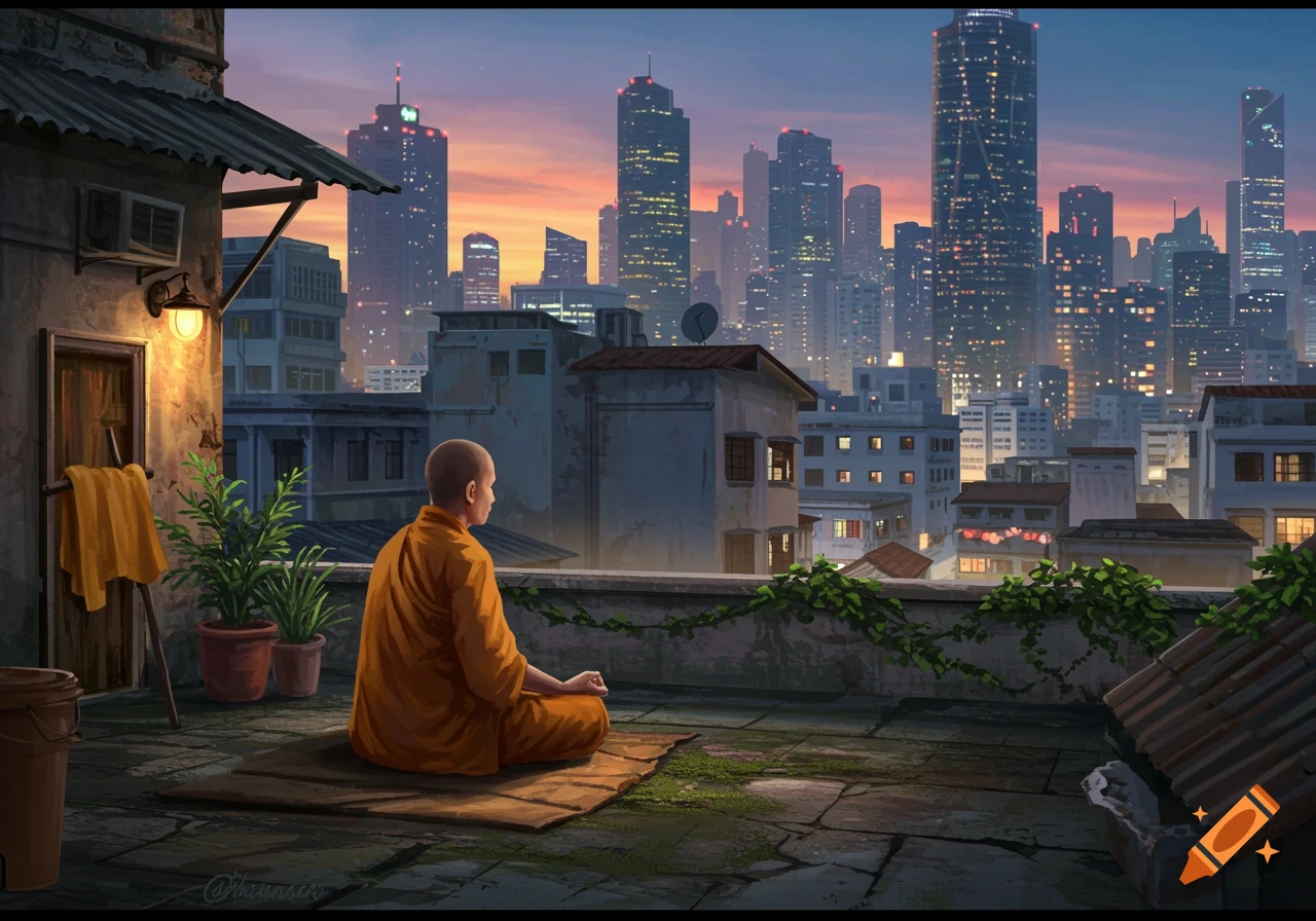 A Buddhist monk meditates on a city rooftop at dusk, with skyscrapers in the background, in a digital painting style.