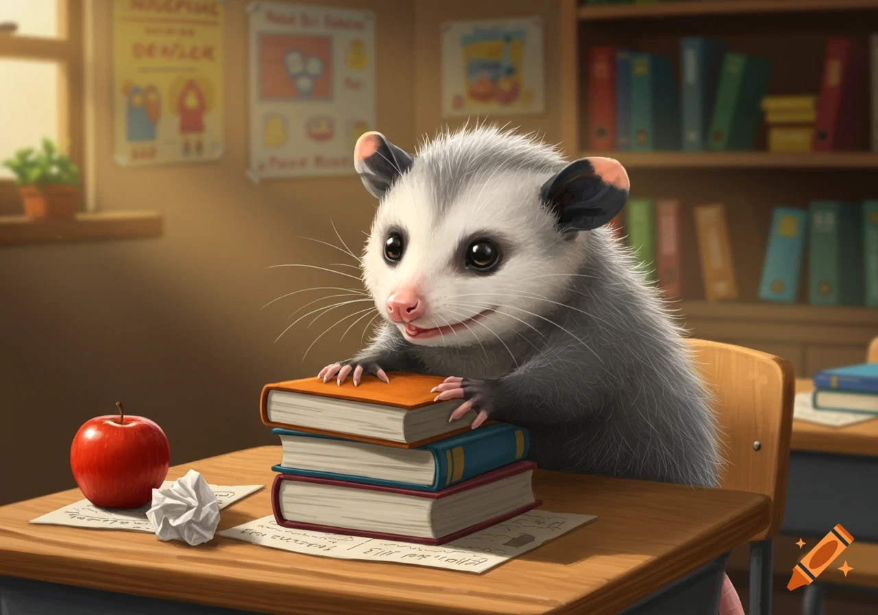 A cute opossum sits at a wooden desk in a classroom, with books, an apple, and crumpled paper on the desk.