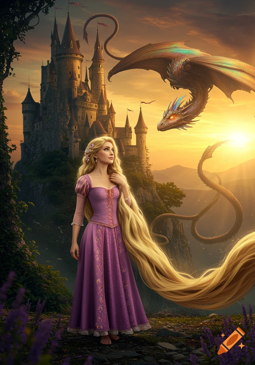 Rapunzel with long golden hair stands before a majestic castle at sunset, a large dragon flying above.