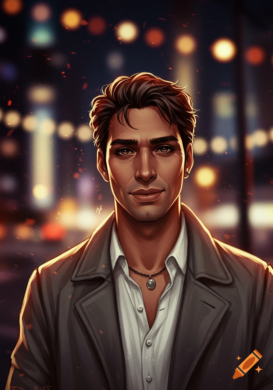 A stylized digital portrait of a handsome man with dark hair and eyes, wearing a white shirt and gray coat, against a blurry city lights background.
