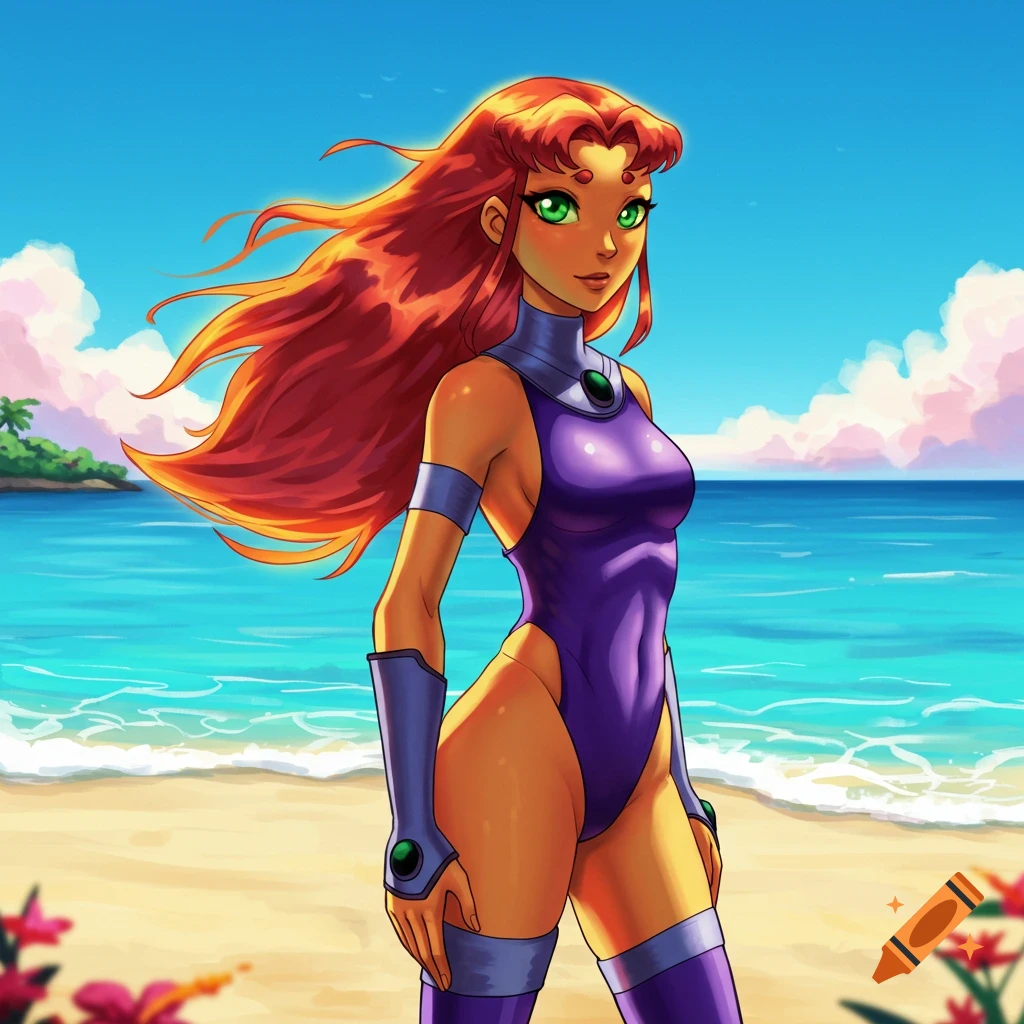 Starfire from Teen Titans in a purple swimsuit stands on a sunny beach with blue ocean and sky.
