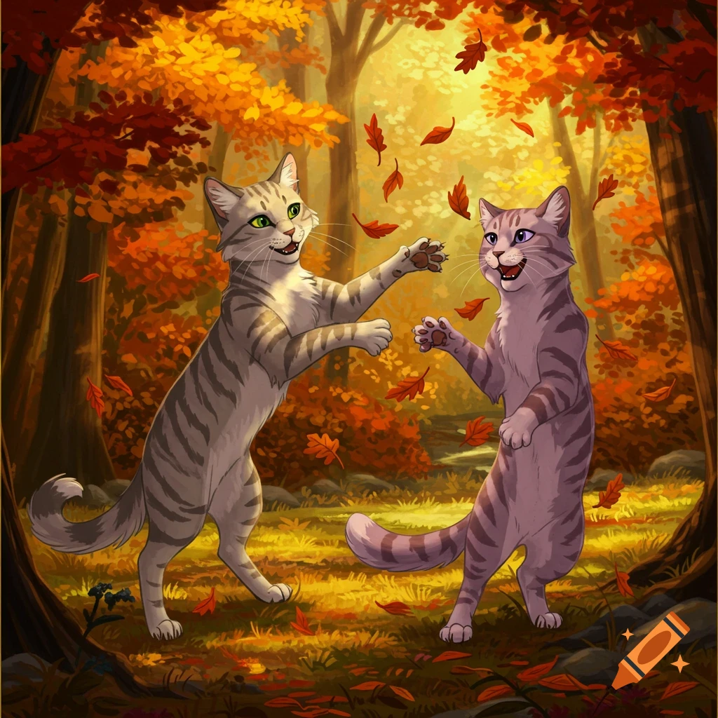 Two stylized cats, a grey tabby and a purple tabby, play happily amidst falling orange and red leaves in an autumn forest.