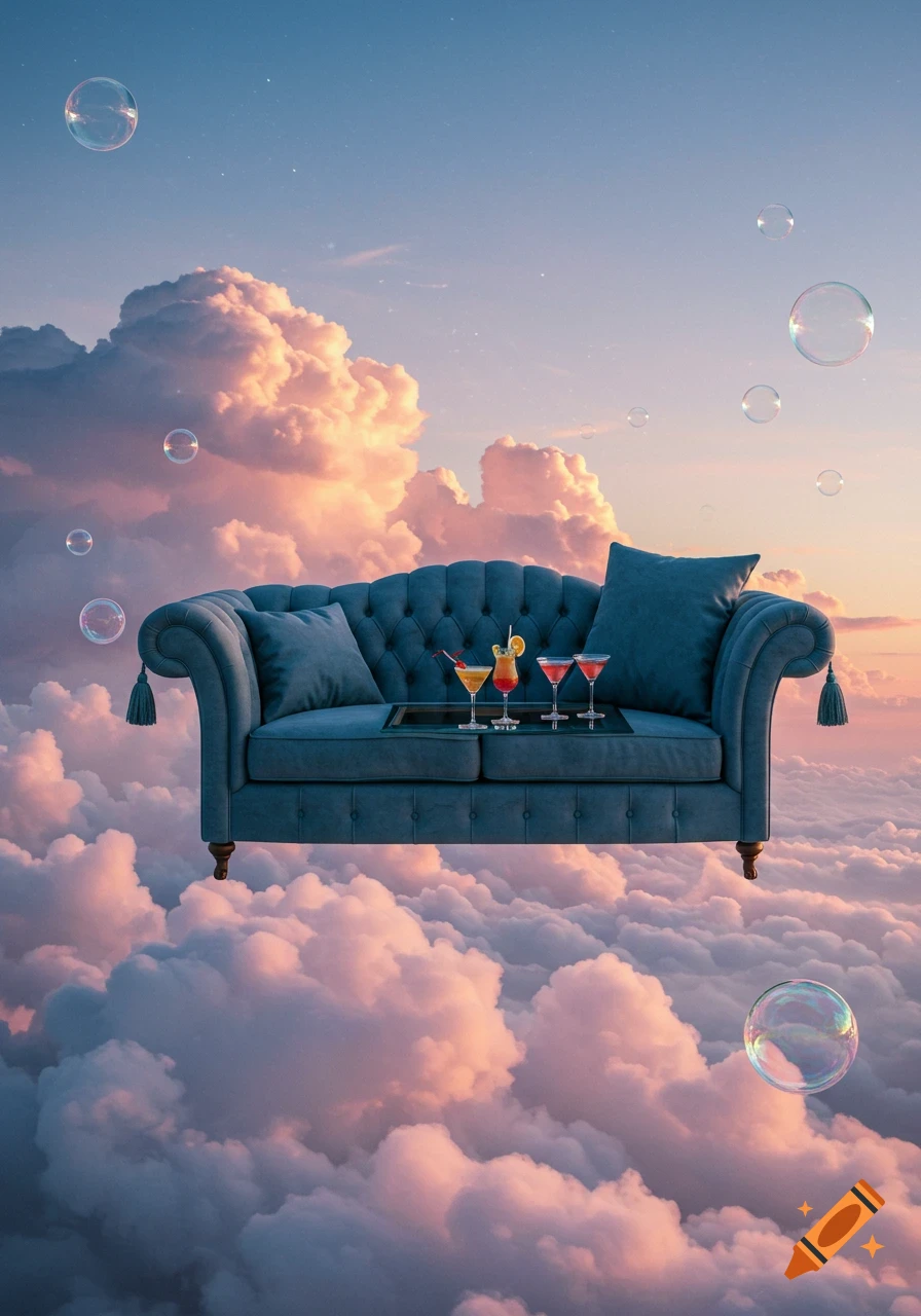 A blue tufted couch floats amidst fluffy pink and white clouds in a dreamy sky with bubbles and colorful drinks on a tray.
