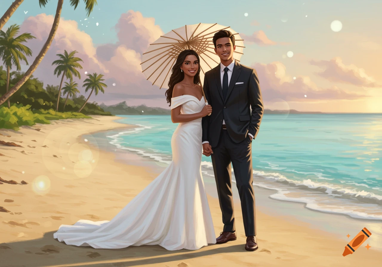 An illustrated couple in wedding attire stands on a tropical beach at sunset, holding hands under an umbrella.