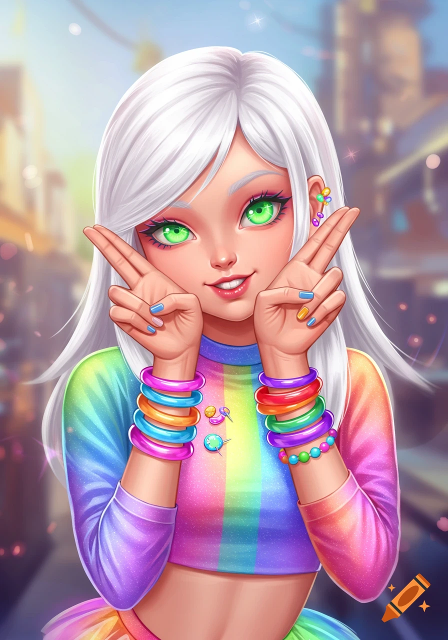 A cute cartoon girl with white hair and neon green eyes, wearing a rainbow crop top and bracelets, making peace signs.