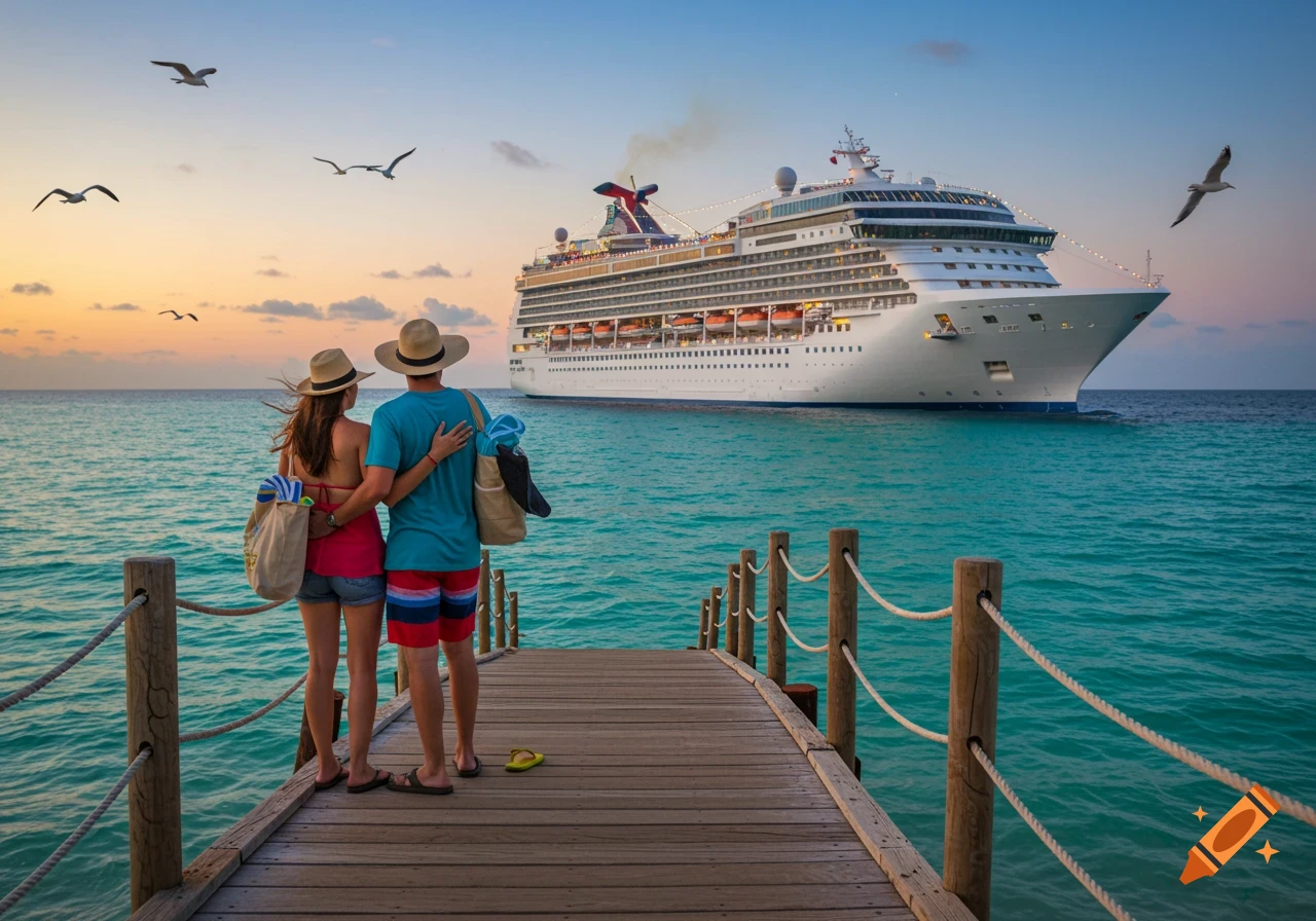 A photorealistic image of a couple in sun hats standing on a wooden pier, looking at a large cruise ship sailing away at sunset.