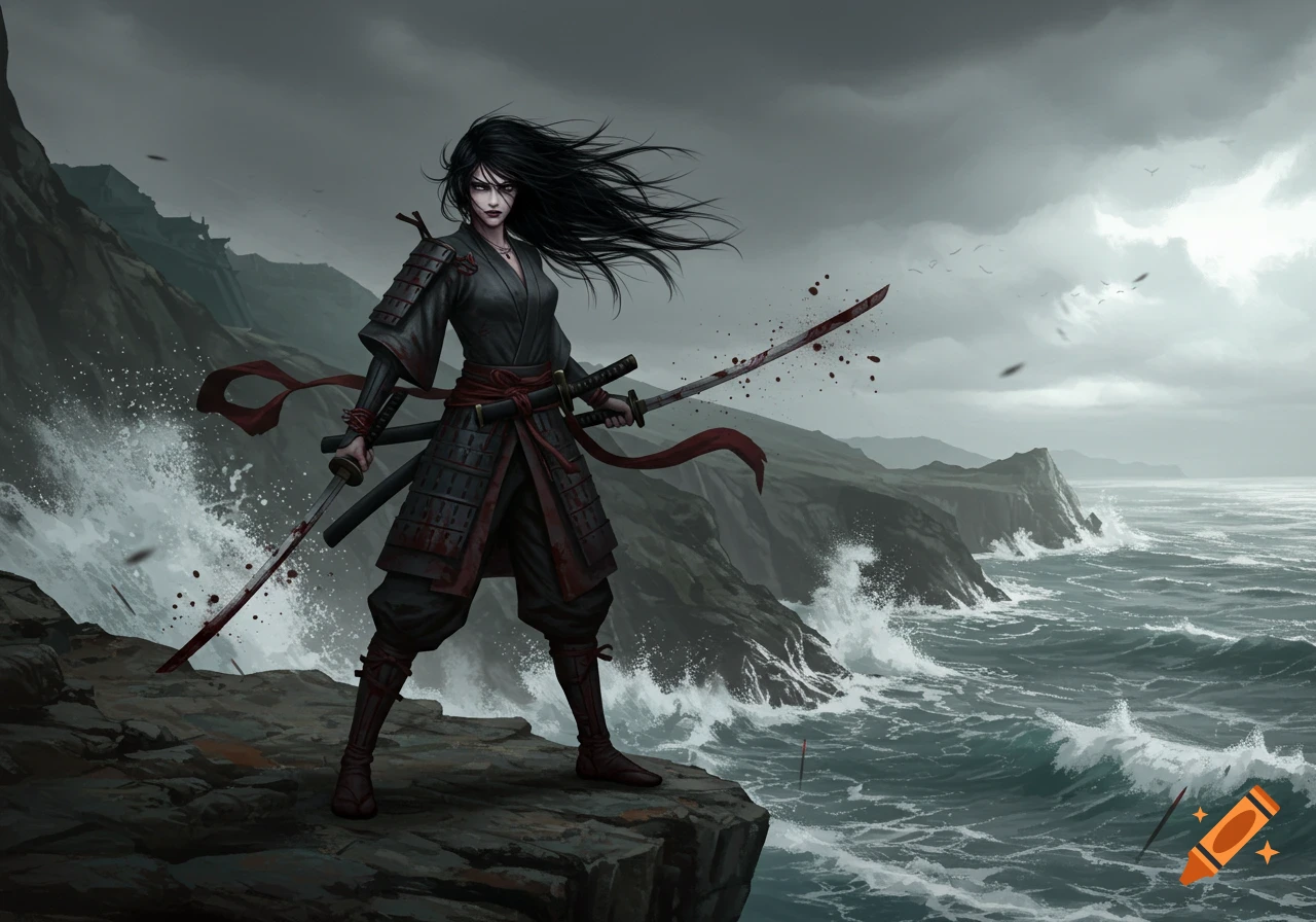 A female samurai warrior with black hair and two blood-splattered katanas stands on a cliff overlooking a stormy sea.