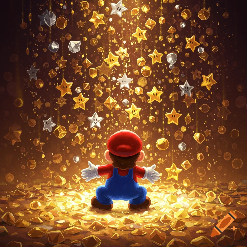 Super Mario crouches with his back to the viewer, surrounded by a shower of gold stars and geometric shapes.