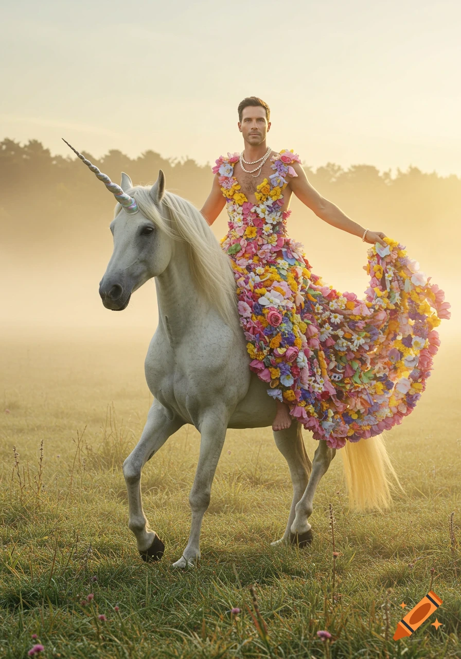 A man in a vibrant floral gown rides a white unicorn through a misty meadow at sunrise, rendered in a photorealistic style.