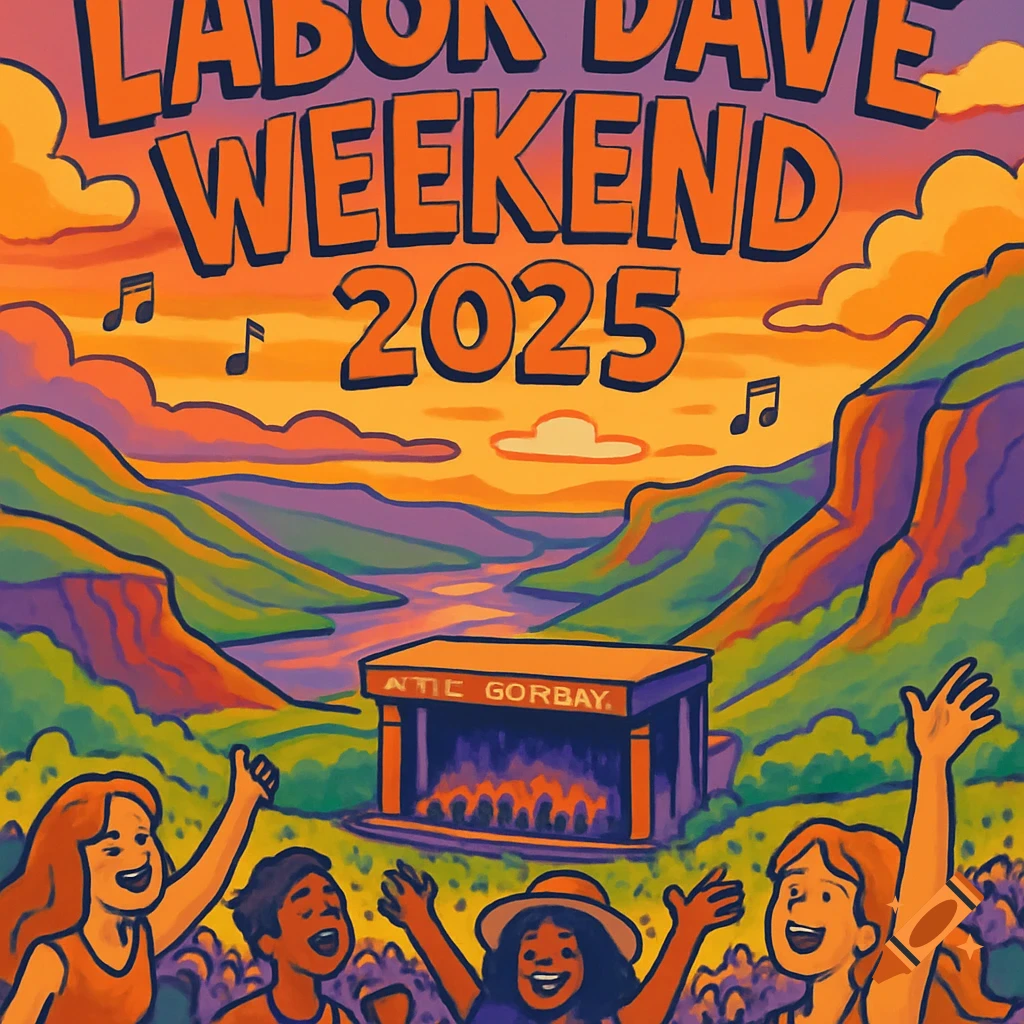 Cartoon illustration of a vibrant outdoor concert at an amphitheater with mountains and a river, people cheering, and "LABOR DAVE WEEKEND 2025" text.