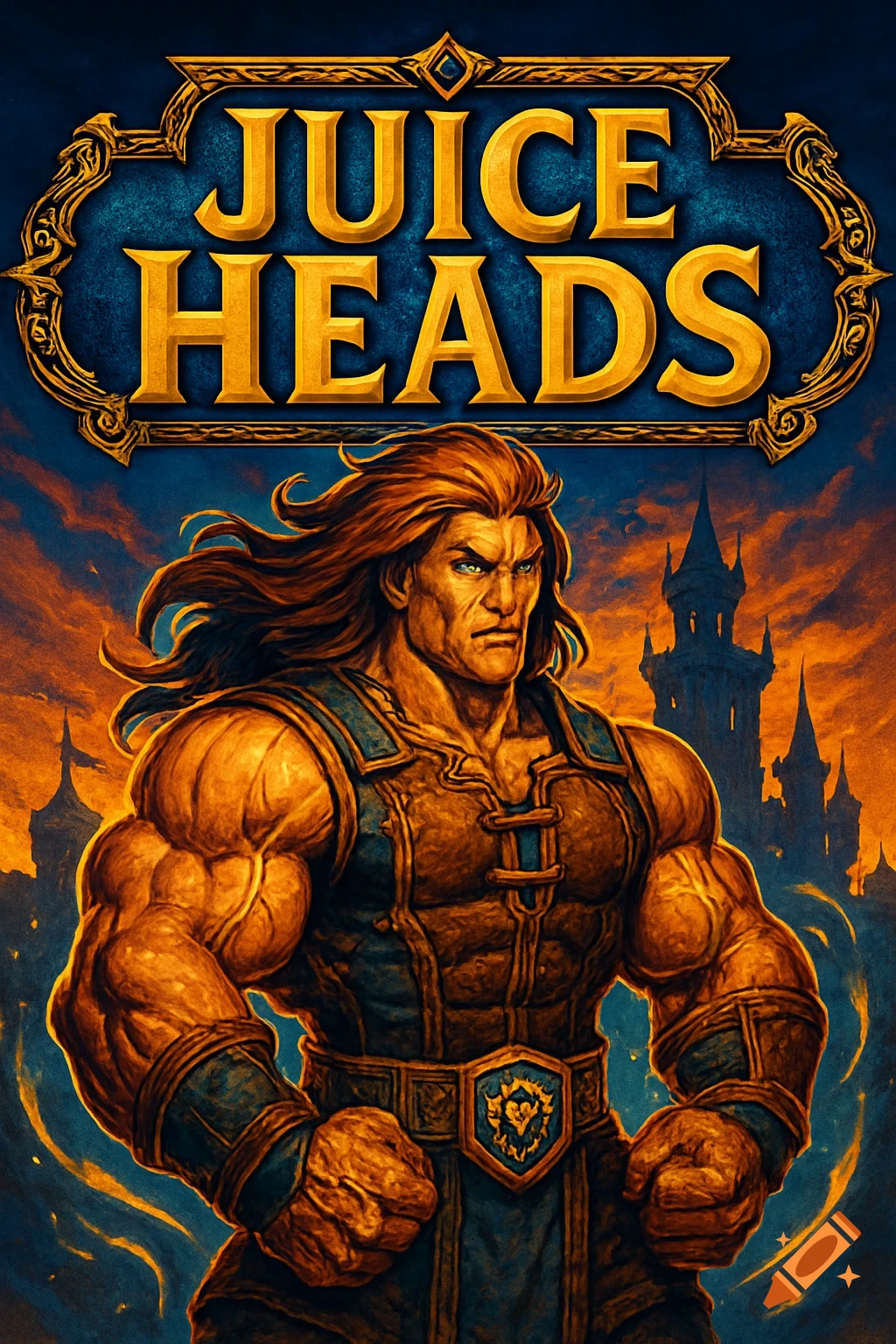 A muscular male character with long hair wearing fantasy armor and a shield belt buckle, stands before a castle under an orange and blue sky. A golden logo at the top reads "JUICE HEADS".