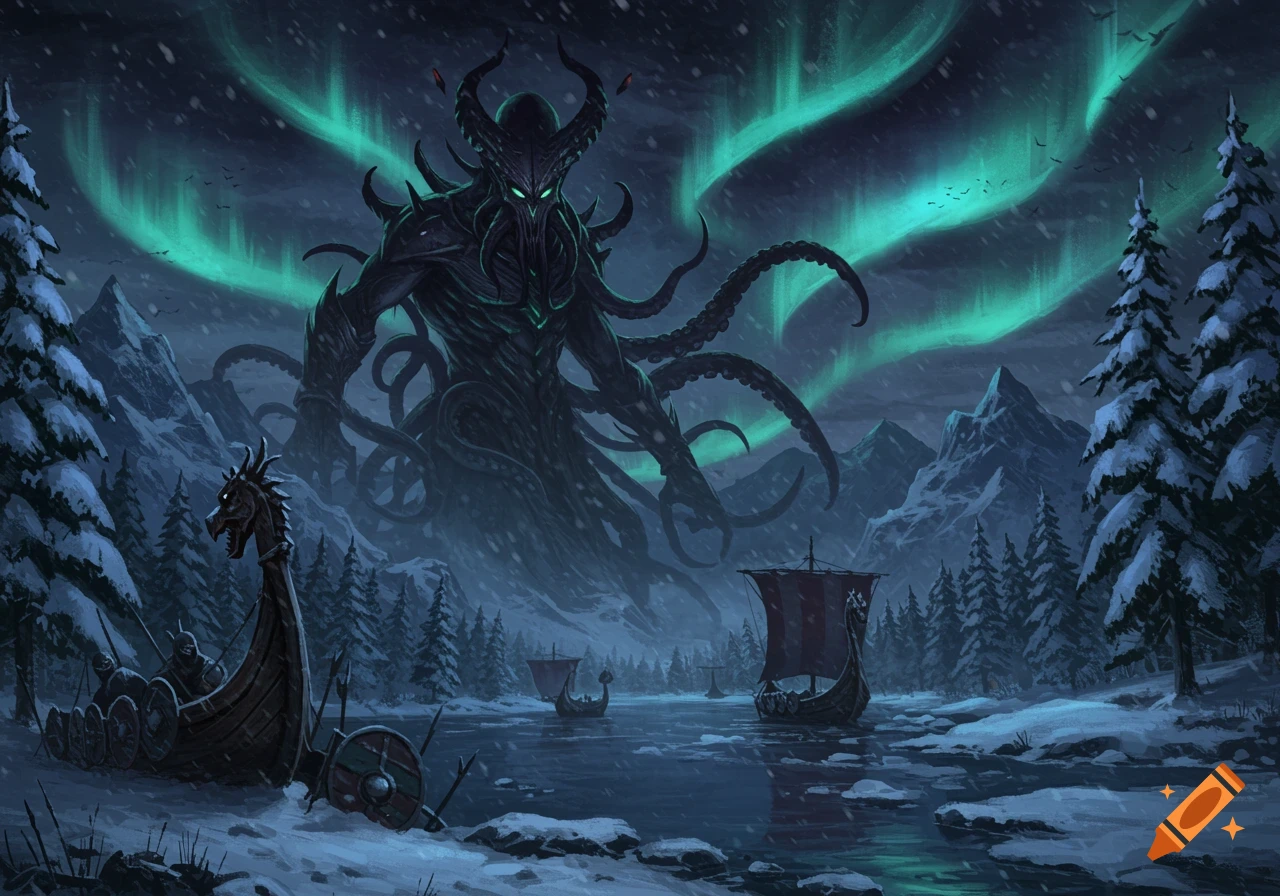Giant dark monster with glowing eyes looming over Viking longships in a snowy landscape under green aurora borealis.