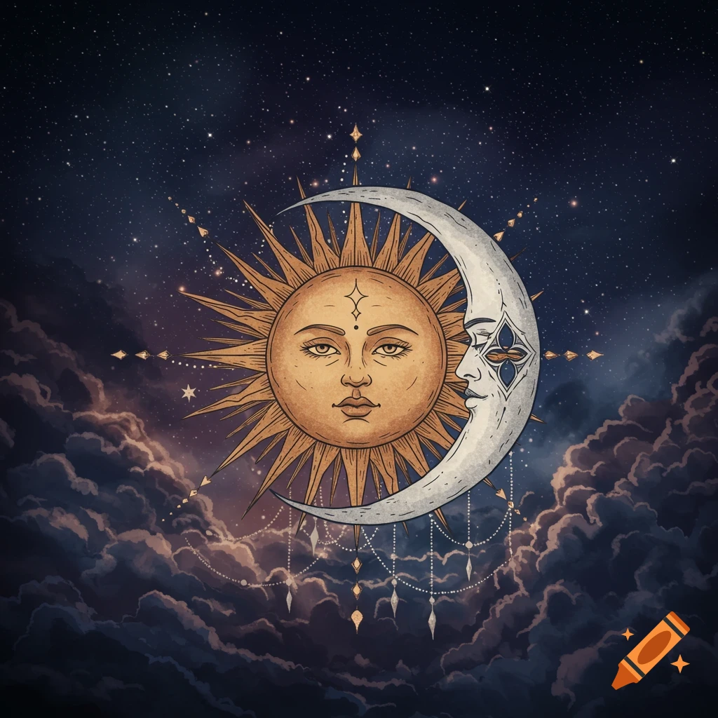 Illustrated sun and moon with faces in a gothic, mystical style against a starry night sky with clouds.