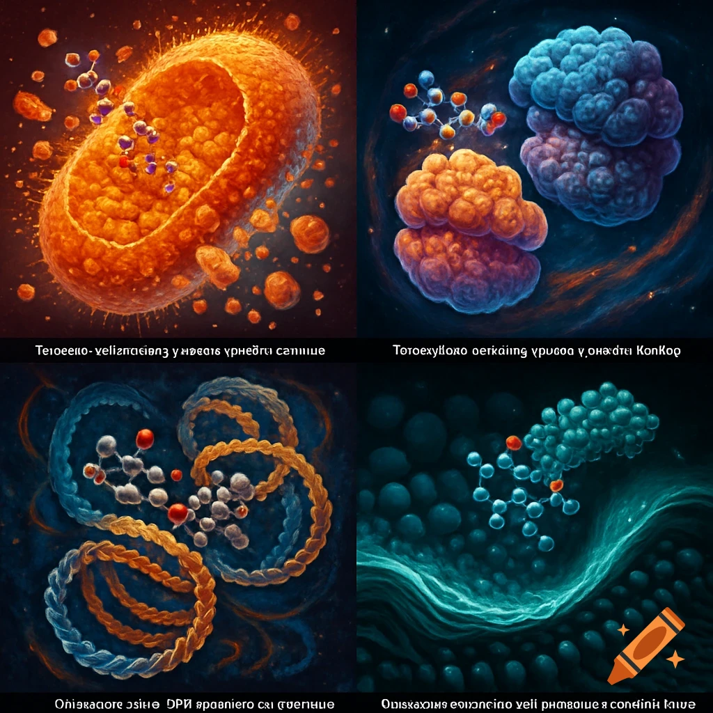 Four colorful panels depicting abstract microscopic biology. Top left shows an orange cell-like structure. Top right shows blue and orange molecular clusters. Bottom left shows intertwined orange and blue strands with molecules. Bottom right shows blue molecules over a green wavy surface.