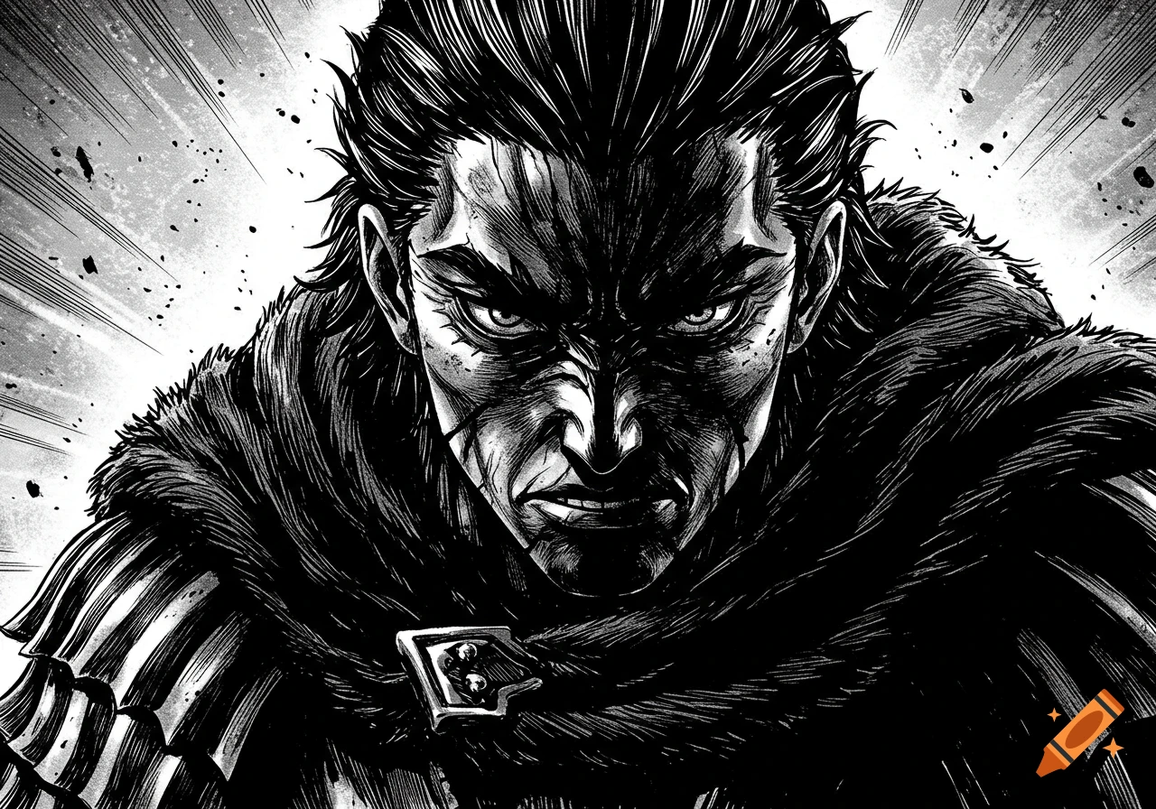Close-up black and white manga illustration of a fierce man with spiky hair and a cape, in high contrast style.