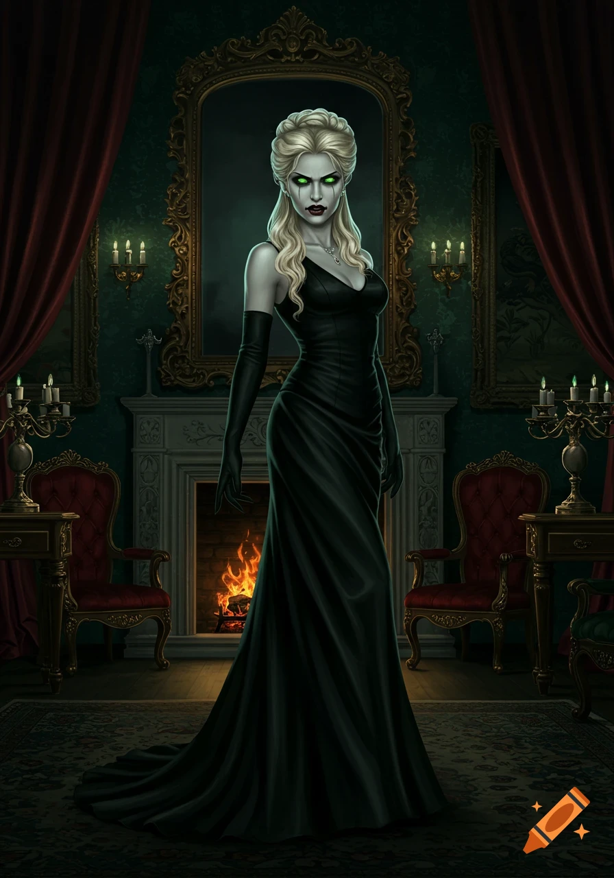 A gothic blonde vampire noblewoman with glowing green eyes in a black gown and gloves stands in an ornate parlor with a fireplace.