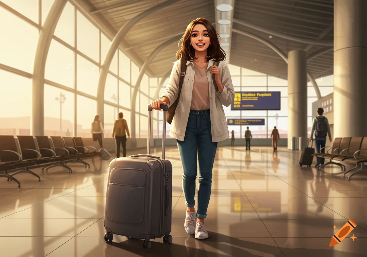 A cheerful animated girl with a suitcase smiles in a sunlit airport terminal with other travelers.