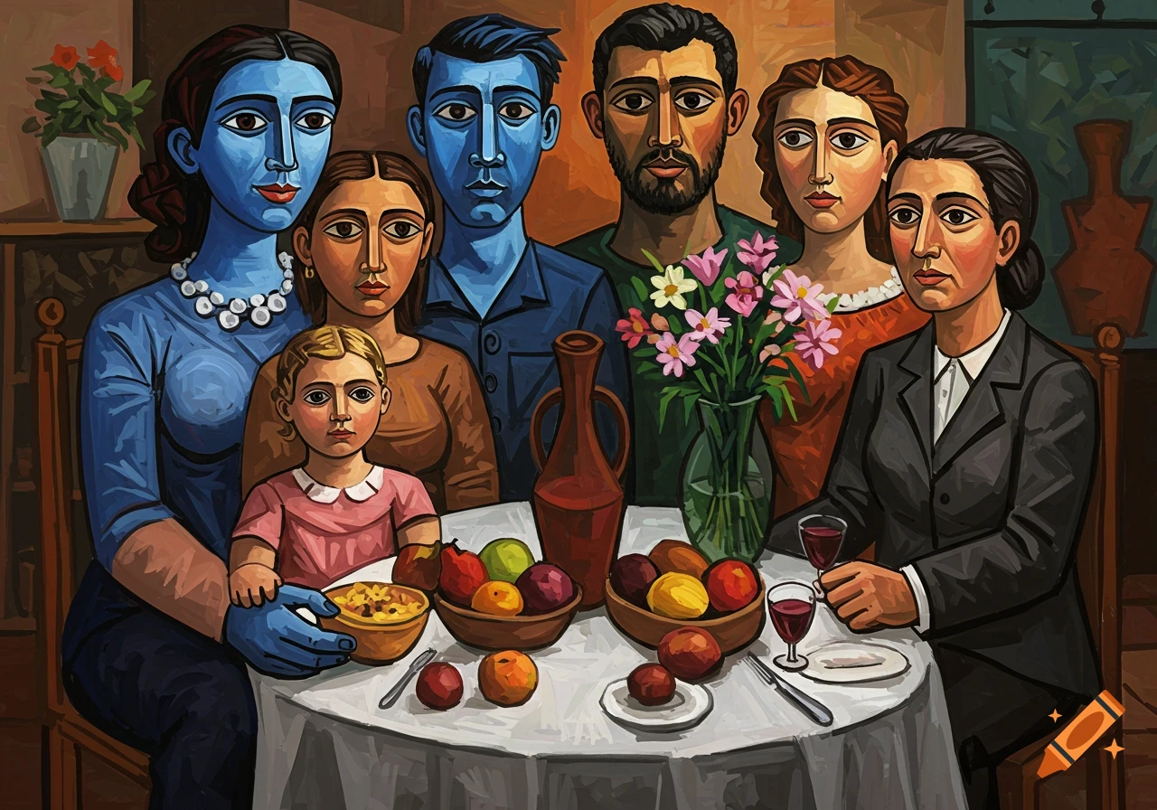 A cubist painting of a family with blue and brown skin tones, gathered around a table with fruit and flowers.