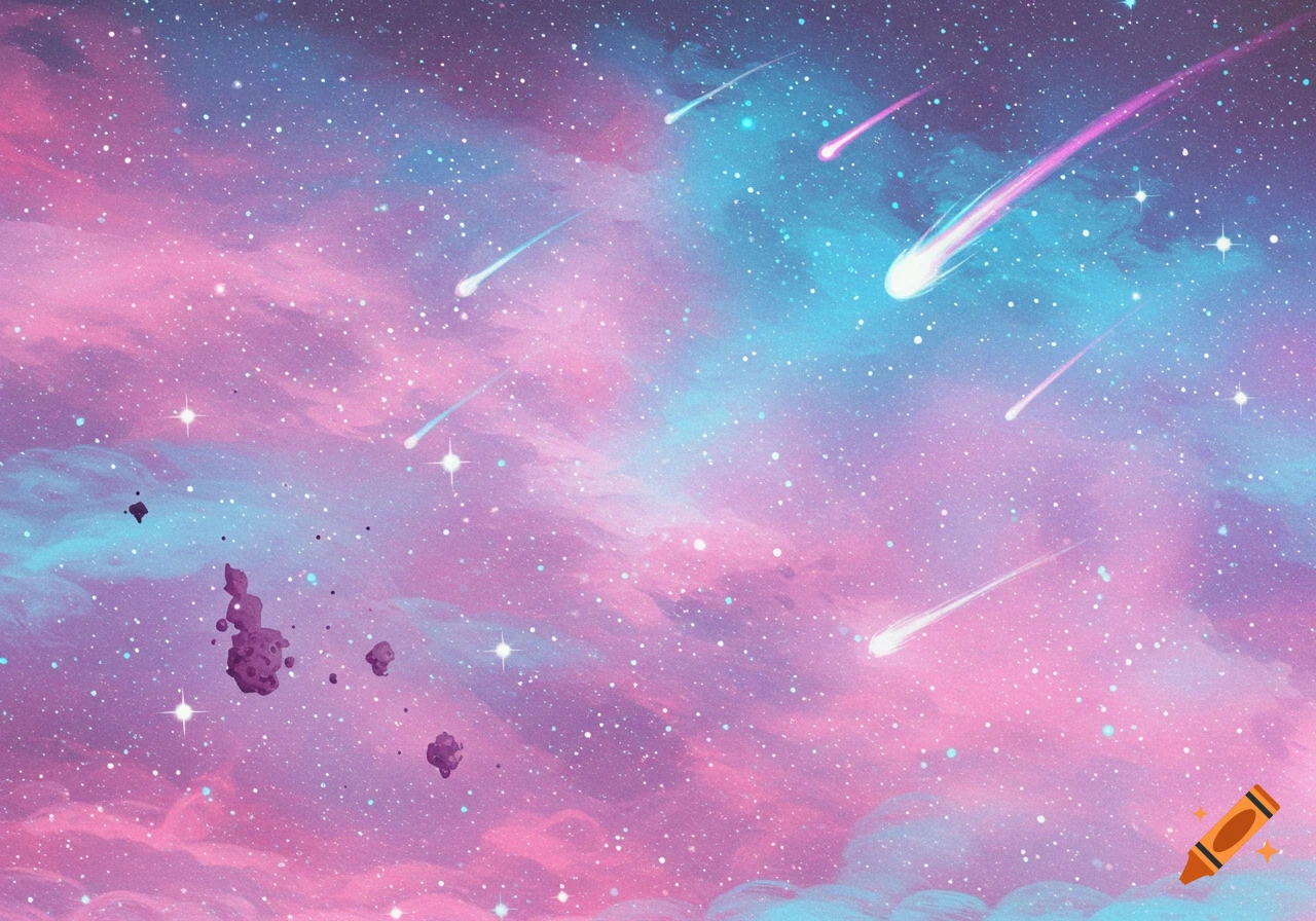 A vibrant, stylized outer space scene with pink, purple, and blue nebulae, numerous stars, and several bright shooting stars.