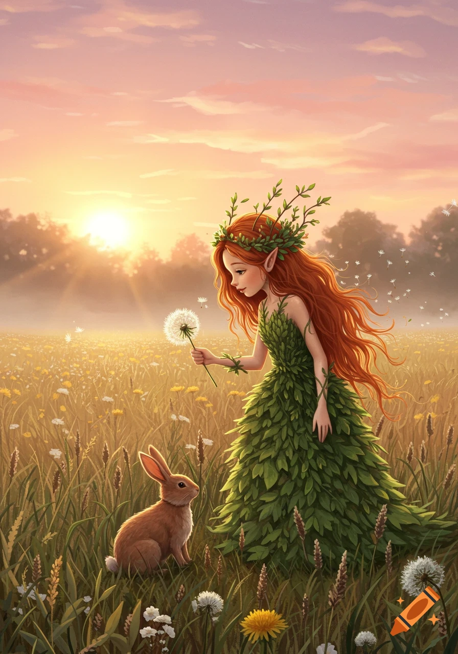 A whimsical fantasy illustration of a red-haired elf-like girl in a leaf dress offering a dandelion to a rabbit in a sunny field at sunset.