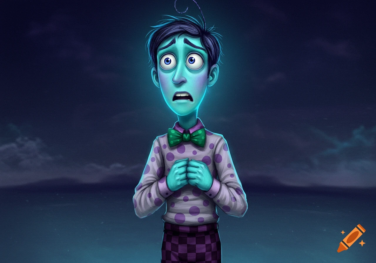 A wide-eyed, teal-skinned cartoon character with a green bow tie and polka dot shirt looks fearful against a dark background.