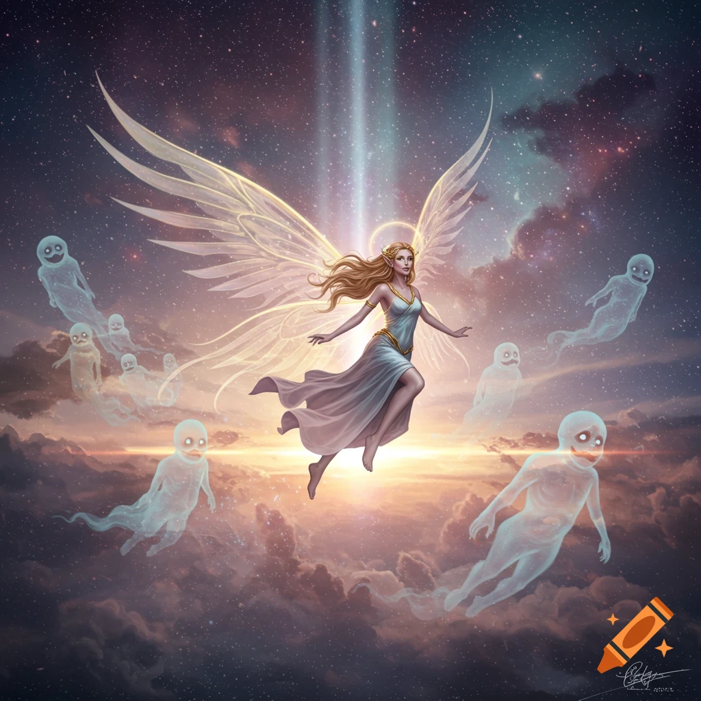 A winged angelic woman with long blonde hair flies through a cosmic, star-filled sky, surrounded by ethereal, glowing ghost-like figures.