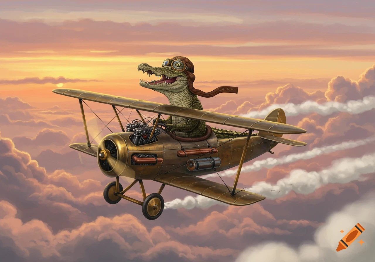 A smiling alligator wearing a pilot's helmet and goggles flies a detailed steampunk biplane through a cloudy sunset sky.