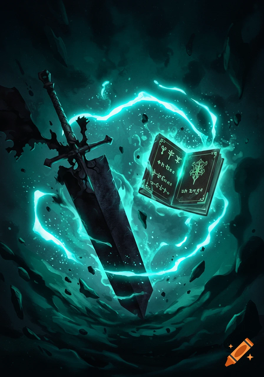A dark, ornate sword and an open magical grimoire float in a swirl of glowing turquoise energy and debris.