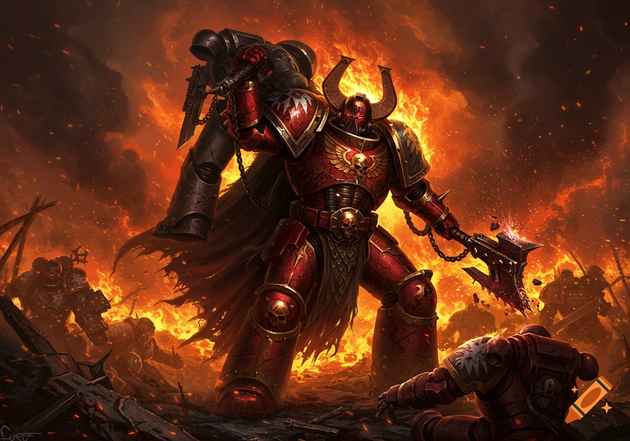 A red armored World Eater Space Marine lifts a defeated grey Space Marine amidst a fiery battlefield, holding a chainaxe.