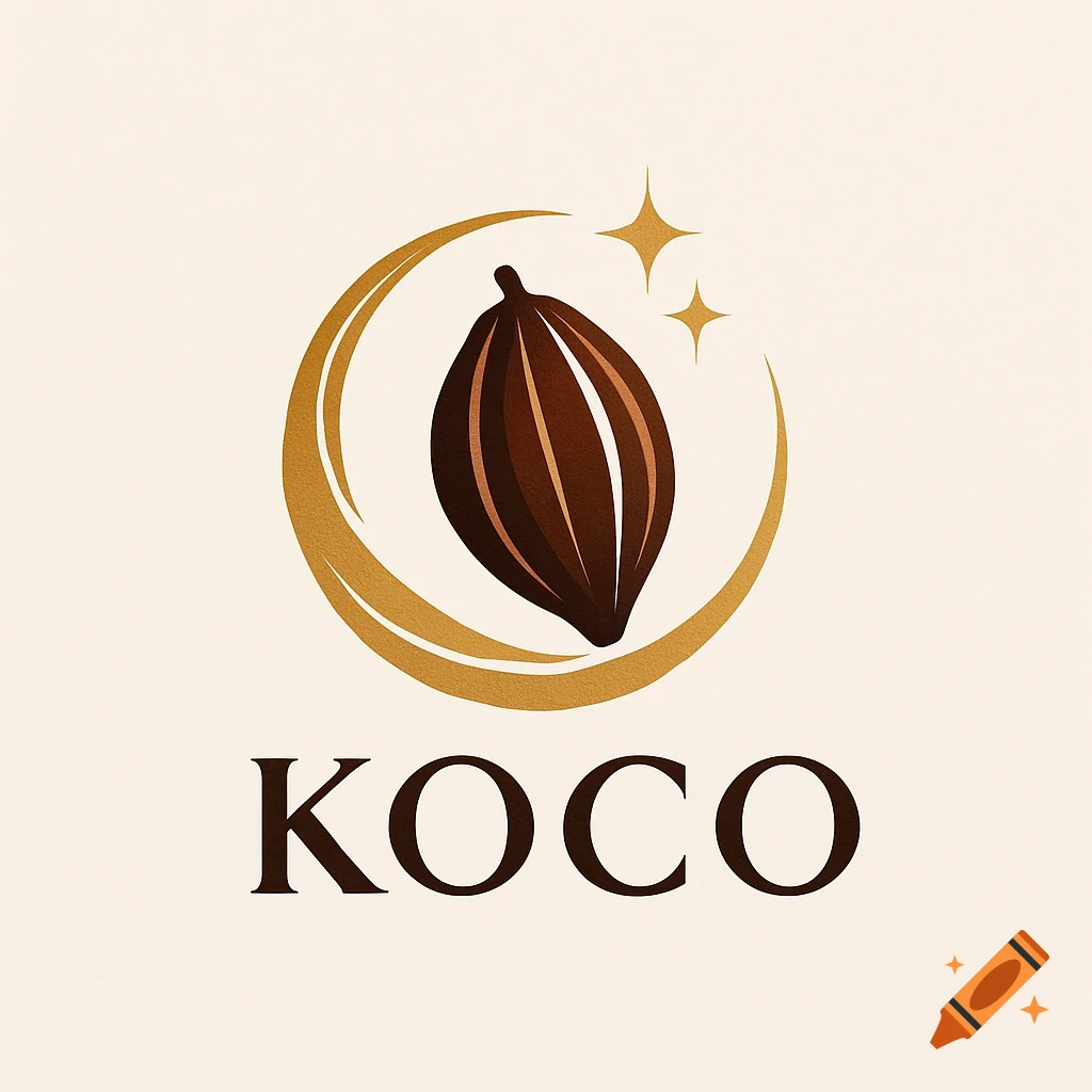 A logo for Koco featuring a brown cocoa bean inside a golden crescent moon with two stars above it.