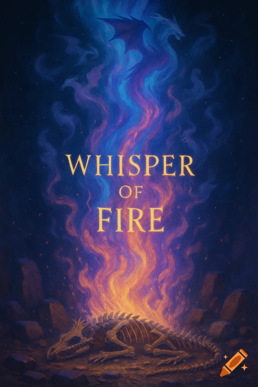 A dragon skeleton lies beneath swirling blue, purple, and orange flames with subtle dragon silhouettes. The text 'WHISPER OF FIRE' is centered.